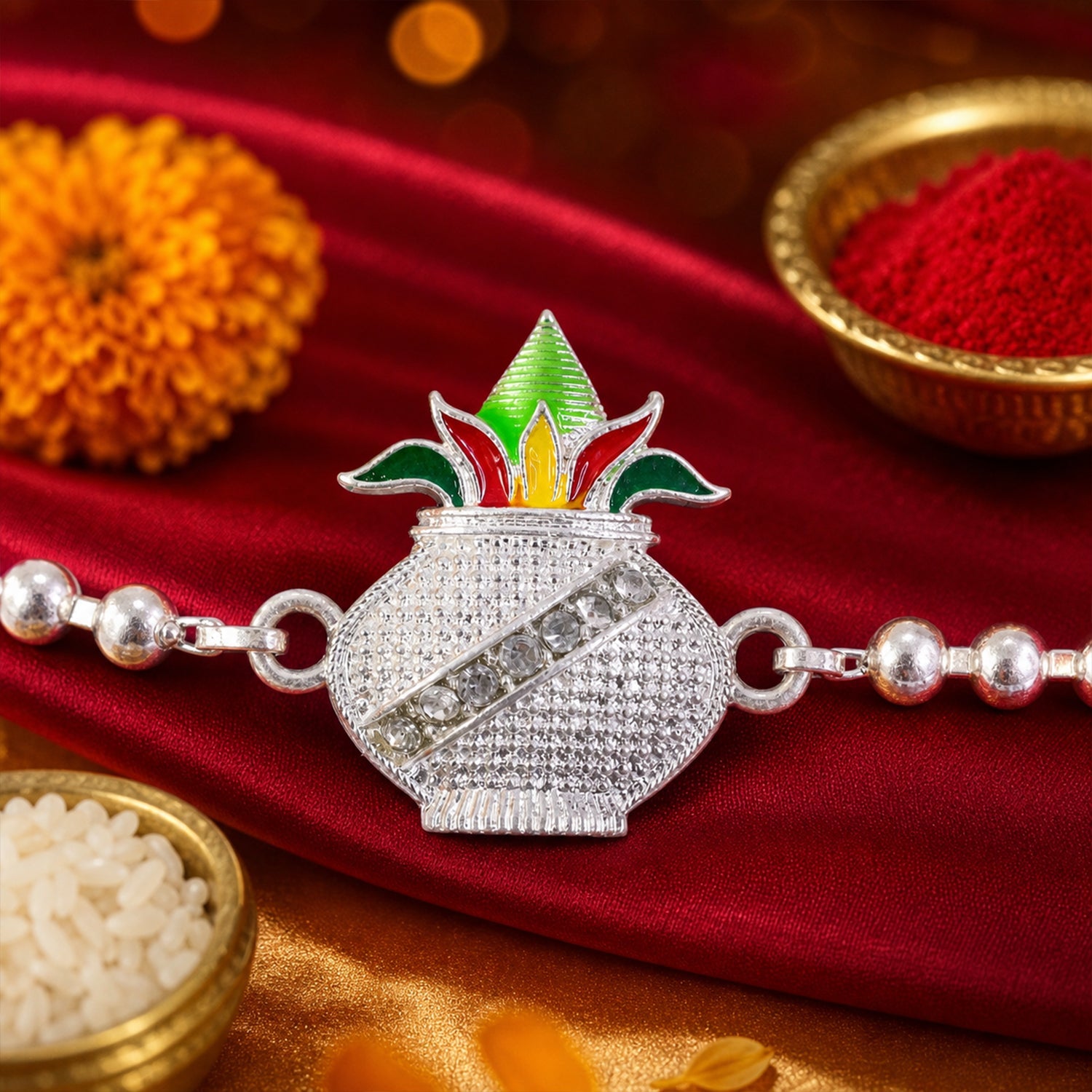 Kalash Enamel Crystal Stone Silver Chain Designer Rakhi