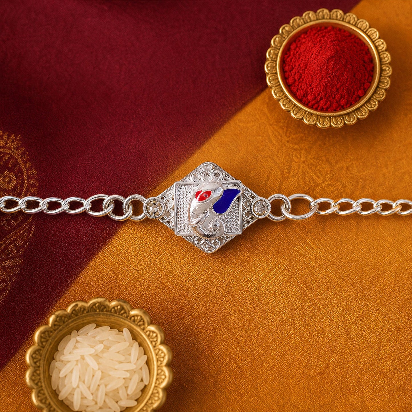Square Ganesha Chain Style Elegant Stone Pattern Traditional Rakhi