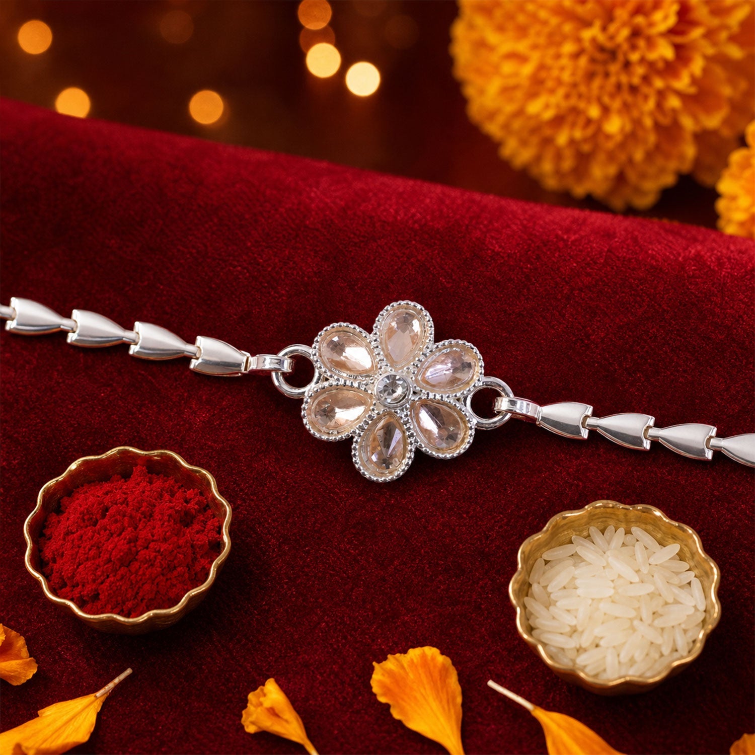 Floral Stone Chain Style Petal Motif Pattern Rakhi for Brother