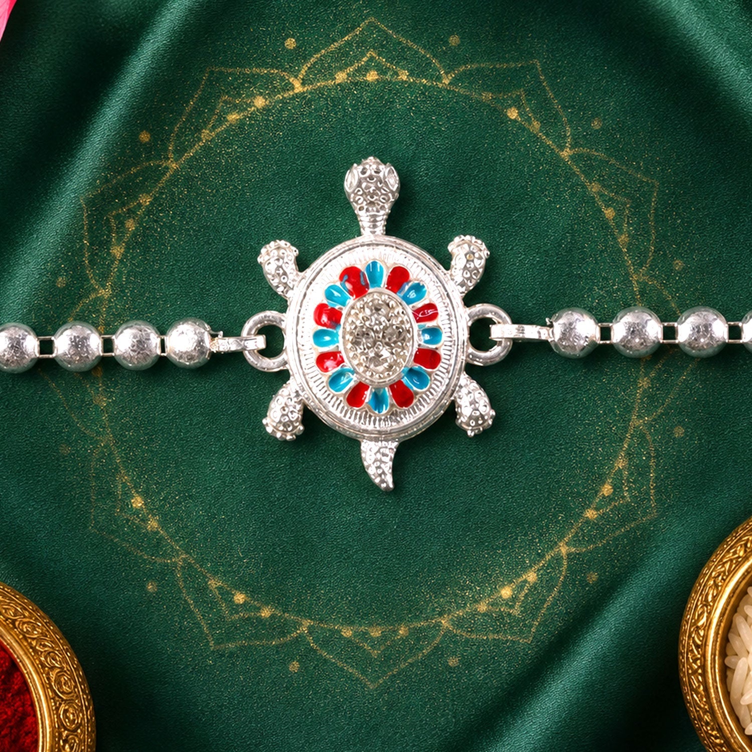 Round Tortoise Motif Beaded Auspicious Pattern Traditional Rakhi