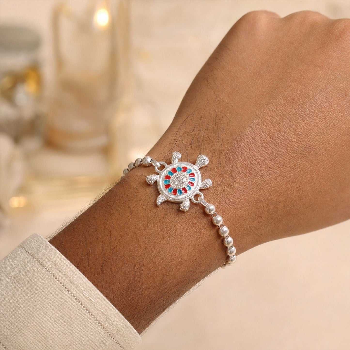 Round Tortoise Motif Beaded Auspicious Pattern Traditional Rakhi