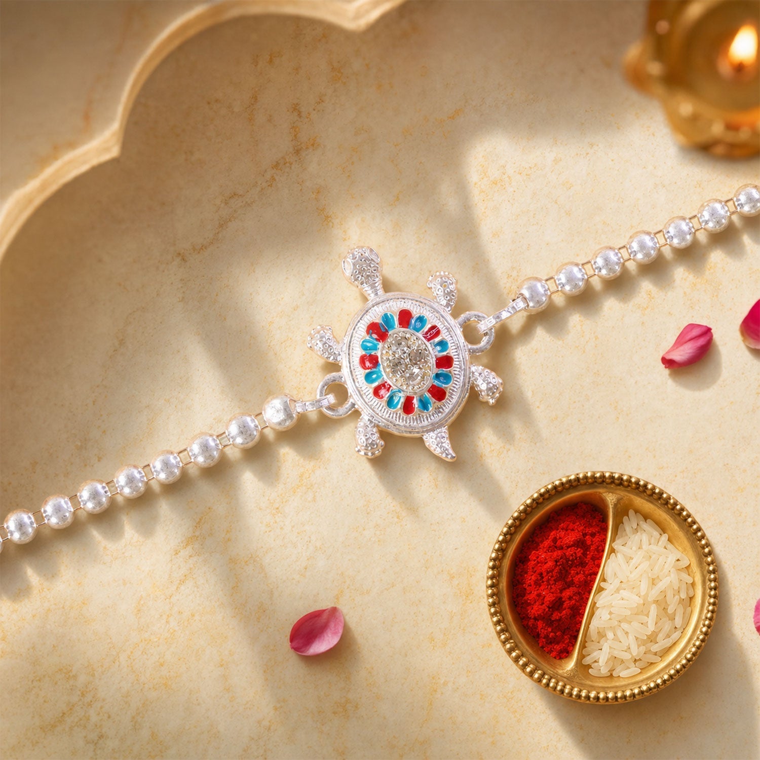 Round Tortoise Motif Beaded Auspicious Pattern Traditional Rakhi