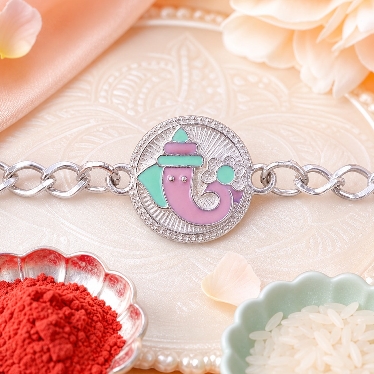 Round Ganesha Chain Style Sacred Motif Pattern Rakhi Raksha Bandhan Gift