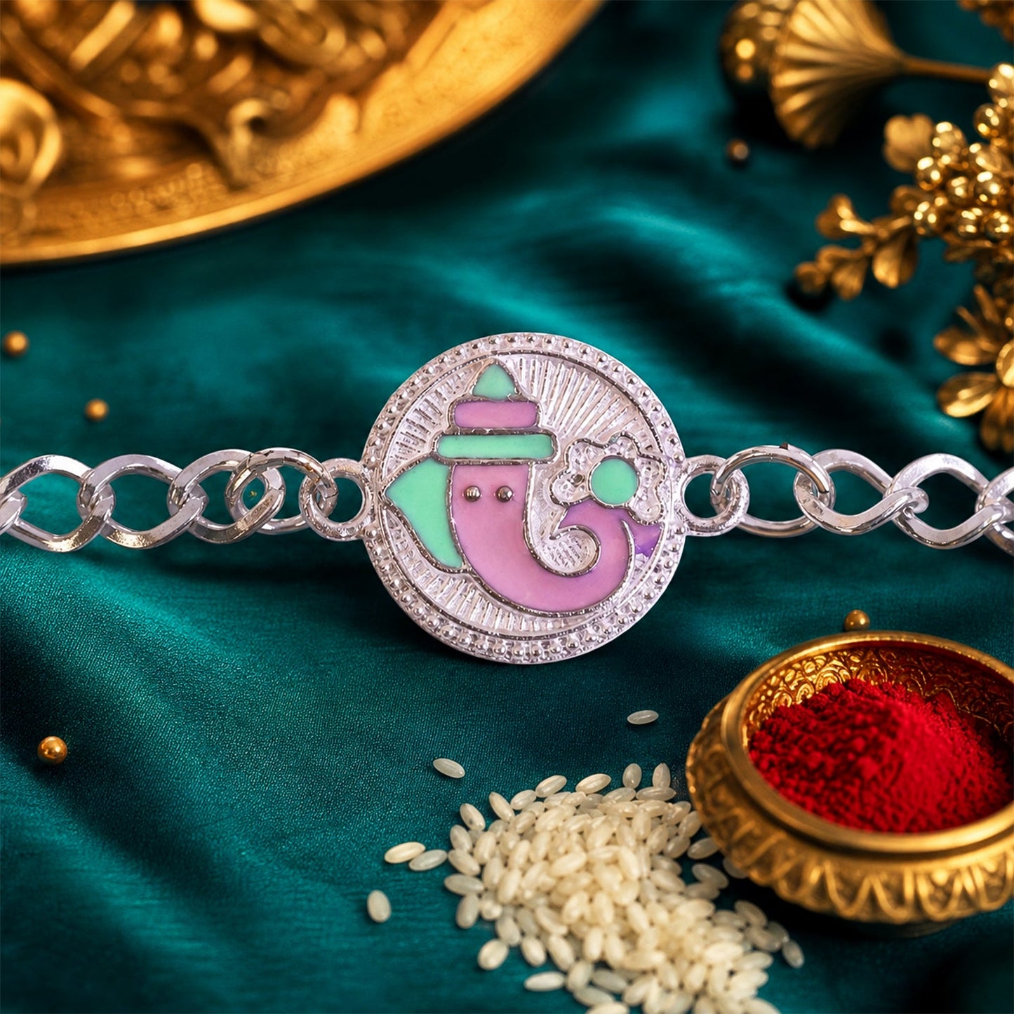 Round Ganesha Chain Style Sacred Motif Pattern Rakhi Raksha Bandhan Gift