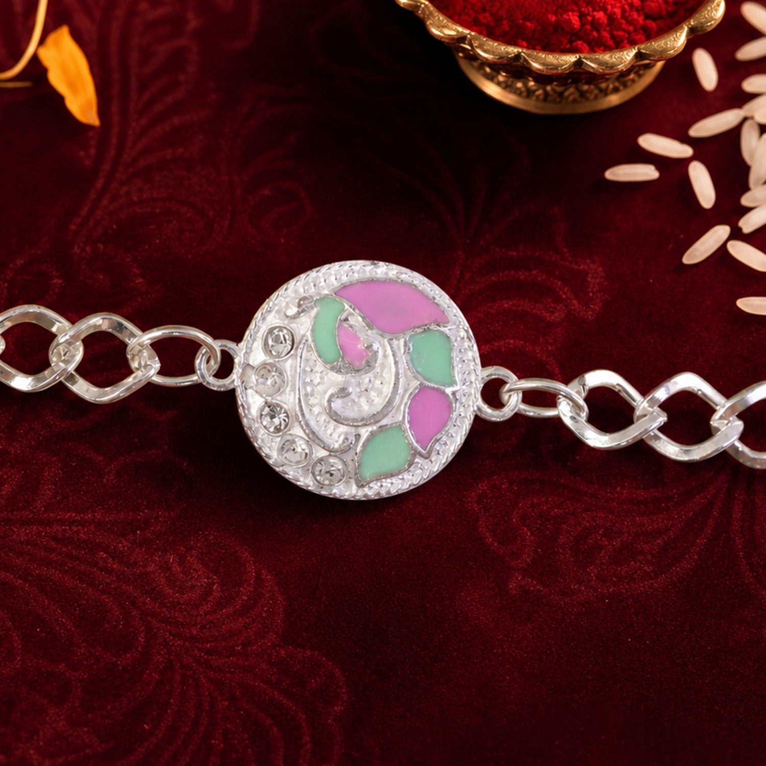 Round Pastel Meenakari Enamel Crystal Silver Chain Designer Rakhi
