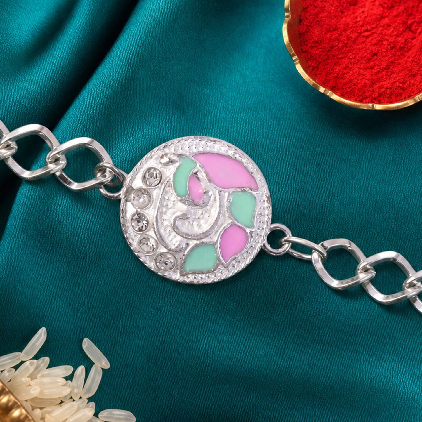 Round Pastel Meenakari Enamel Crystal Silver Chain Designer Rakhi