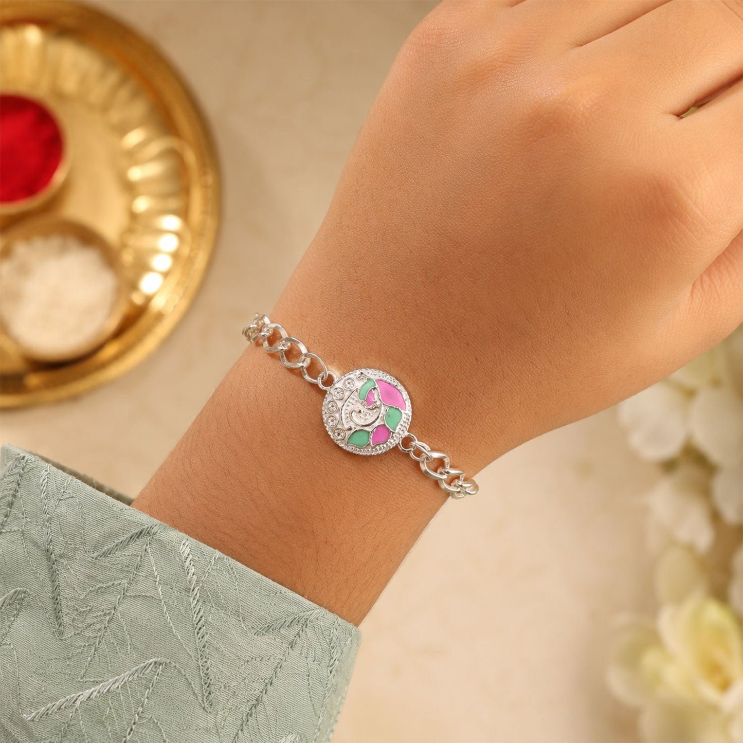 Round Pastel Meenakari Enamel Crystal Silver Chain Designer Rakhi