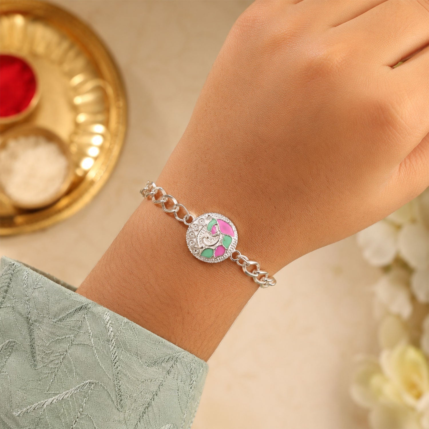 Round Pastel Meenakari Enamel Crystal Silver Chain Designer Rakhi
