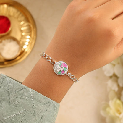 Round Pastel Meenakari Enamel Crystal Silver Chain Designer Rakhi