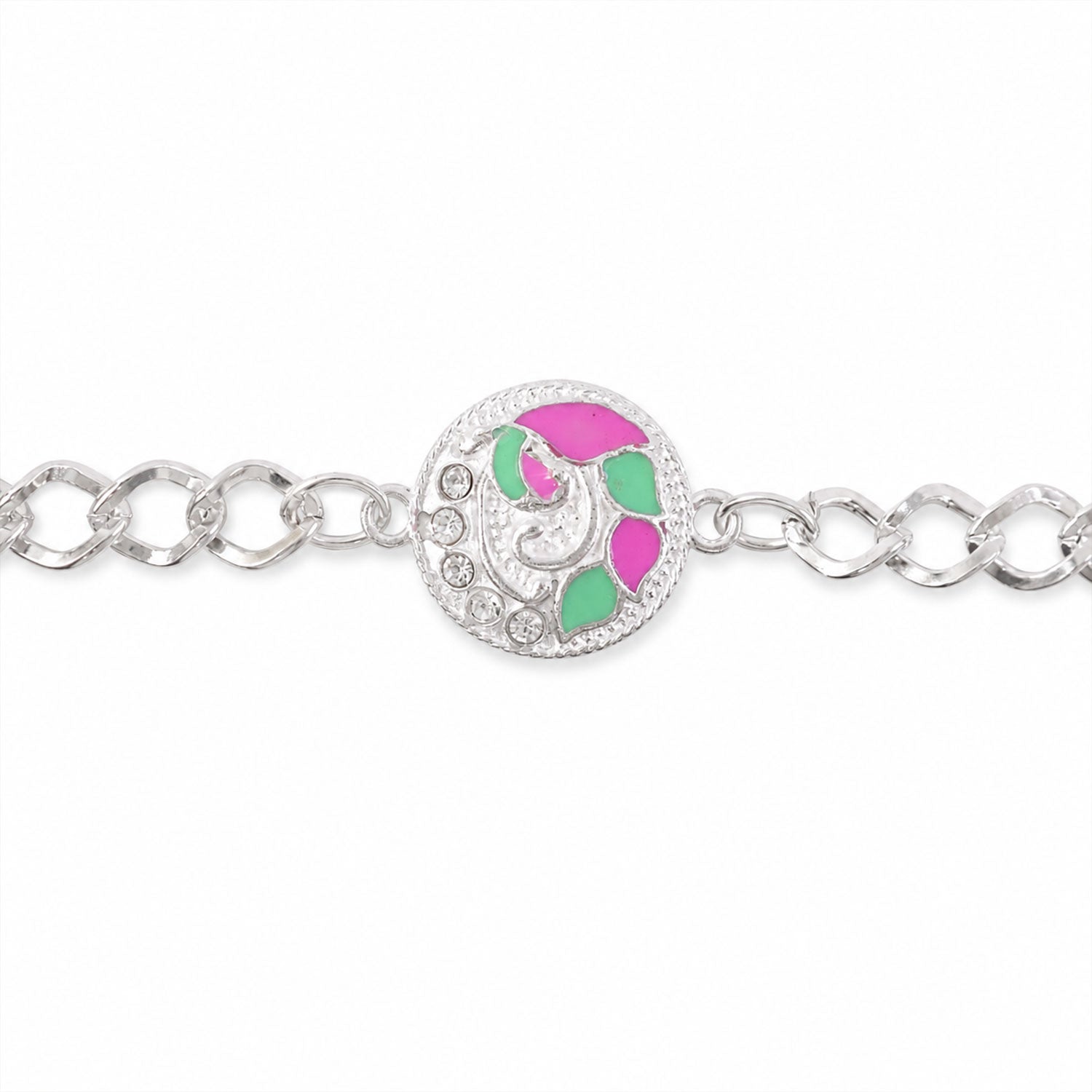 Round Pastel Meenakari Enamel Crystal Silver Chain Designer Rakhi