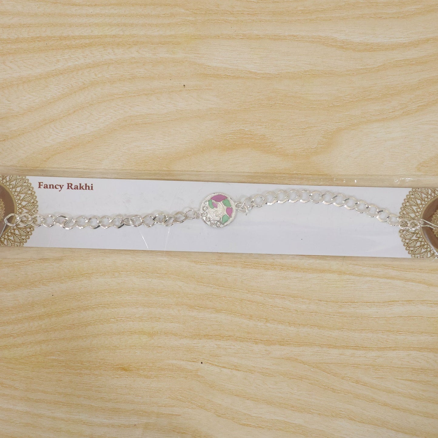 Round Pastel Meenakari Enamel Crystal Silver Chain Designer Rakhi