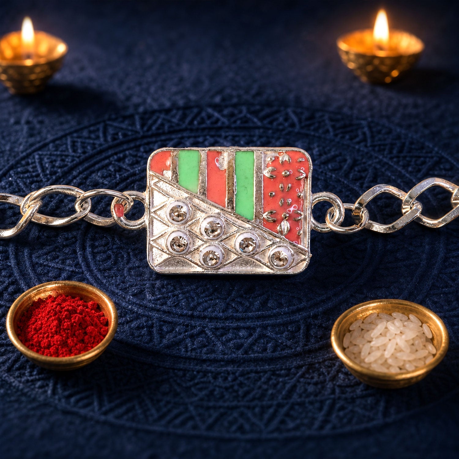 Rectangular Kundan Chain Style Festive Motif Pattern Brother Rakhi