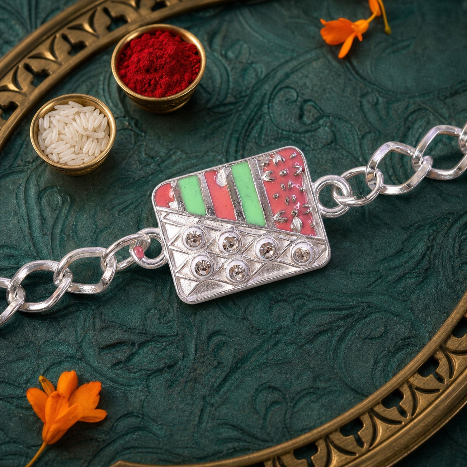 Rectangular Kundan Chain Style Festive Motif Pattern Brother Rakhi
