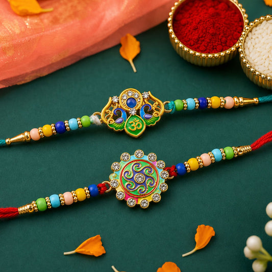 Peacock Om Beaded Rakhi Combo with Traditional Motif Work (2 Pc)