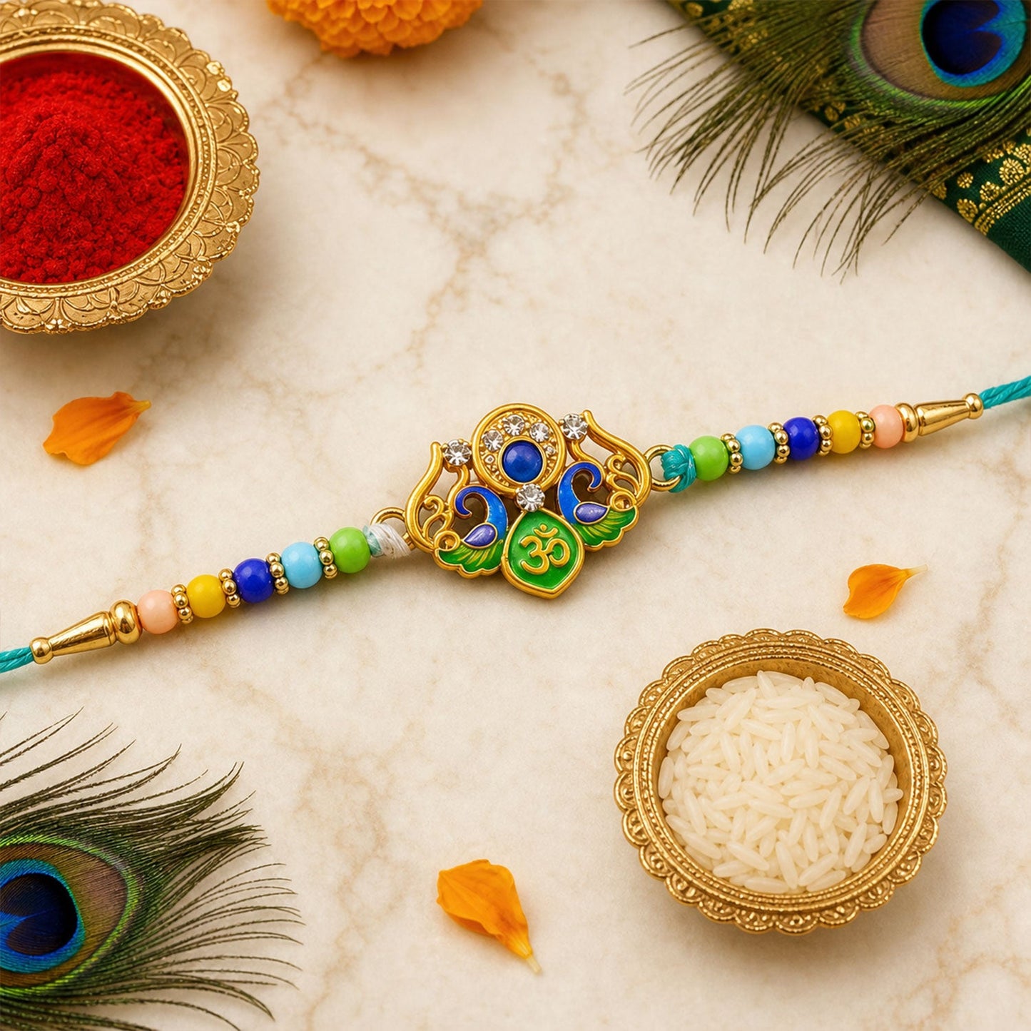 Peacock Om Beaded Rakhi Combo with Traditional Motif Work (2 Pc)