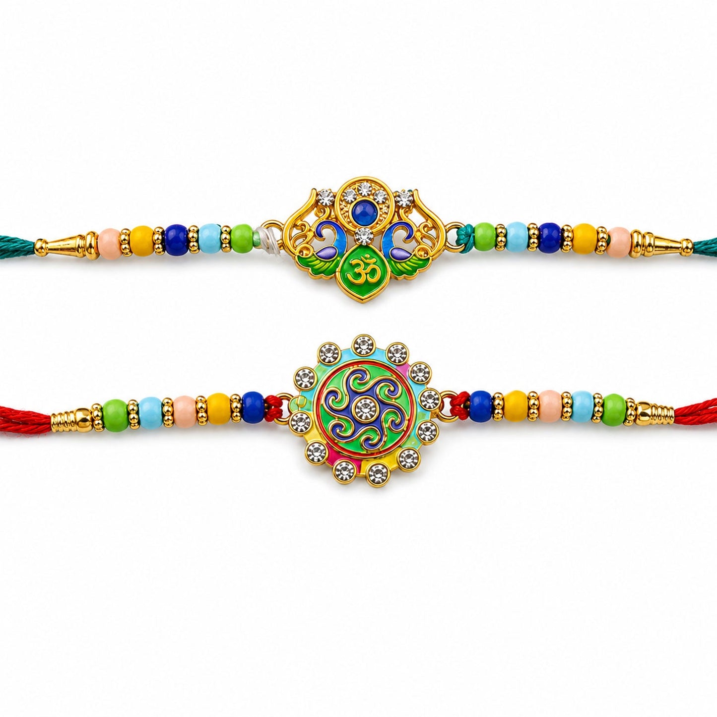 Peacock Om Beaded Rakhi Combo with Traditional Motif Work (2 Pc)