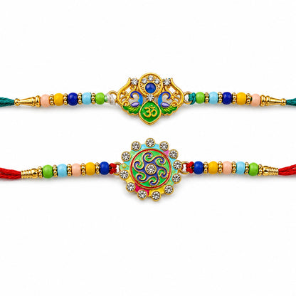 Peacock Om Beaded Rakhi Combo with Traditional Motif Work (2 Pc)