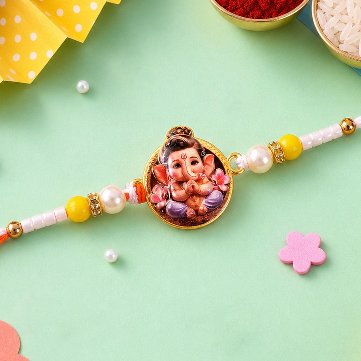 Ganpati Kids Pearl Beaded Rakhi Pair with Playful Charm (2 Pc)