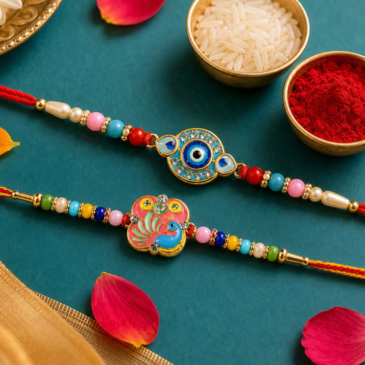 Peacock Motif Kids Beaded Rakhi Combo with Festive Charm (2 Pc)