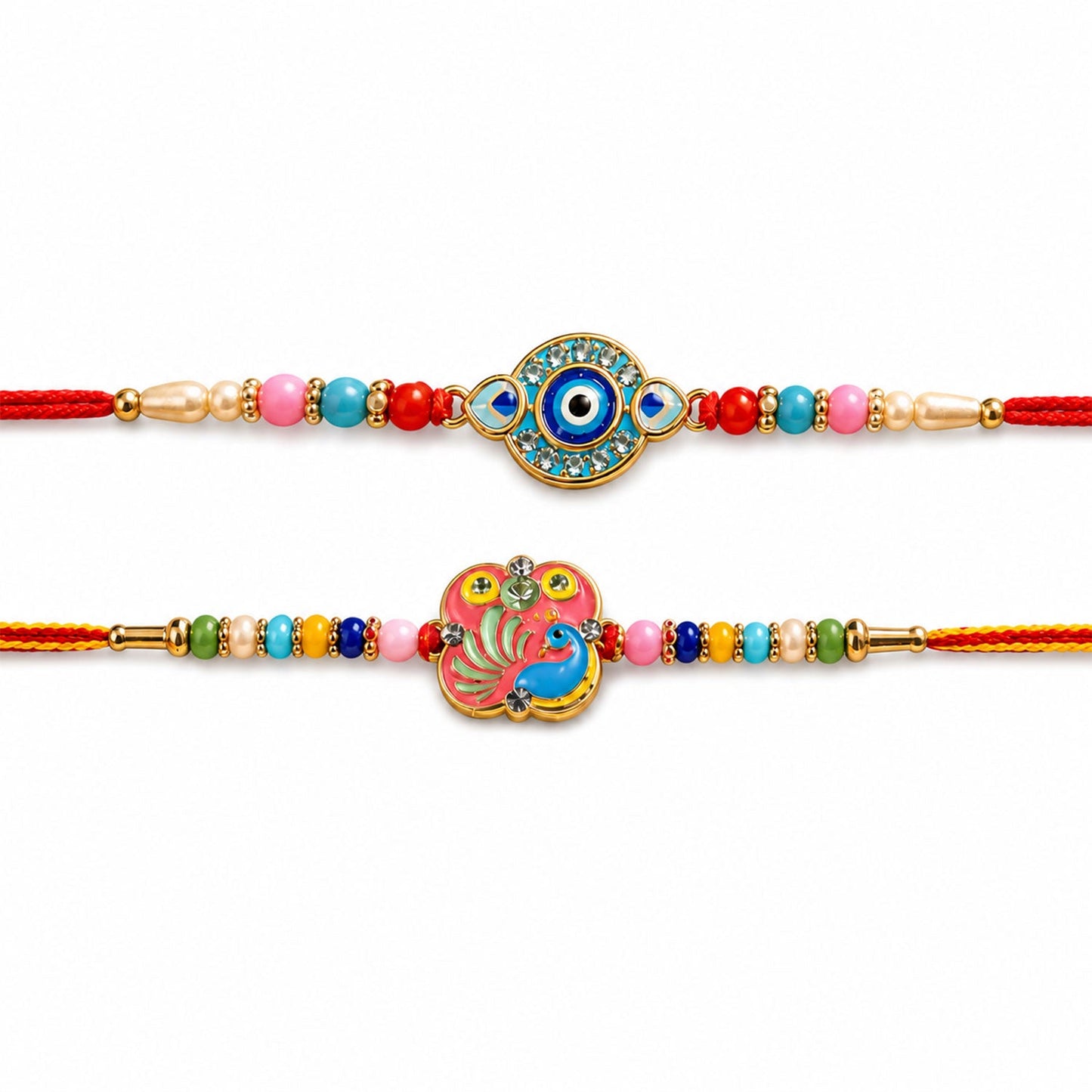 Peacock Motif Kids Beaded Rakhi Combo with Festive Charm (2 Pc)