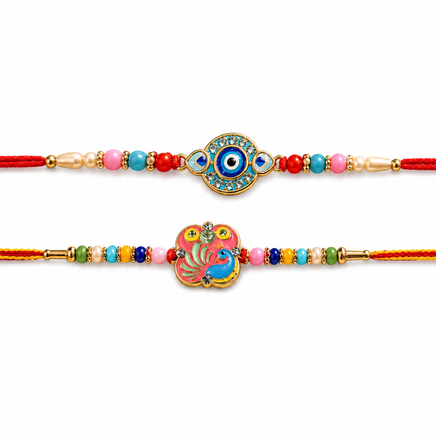 Peacock Motif Kids Beaded Rakhi Combo with Festive Charm (2 Pc)