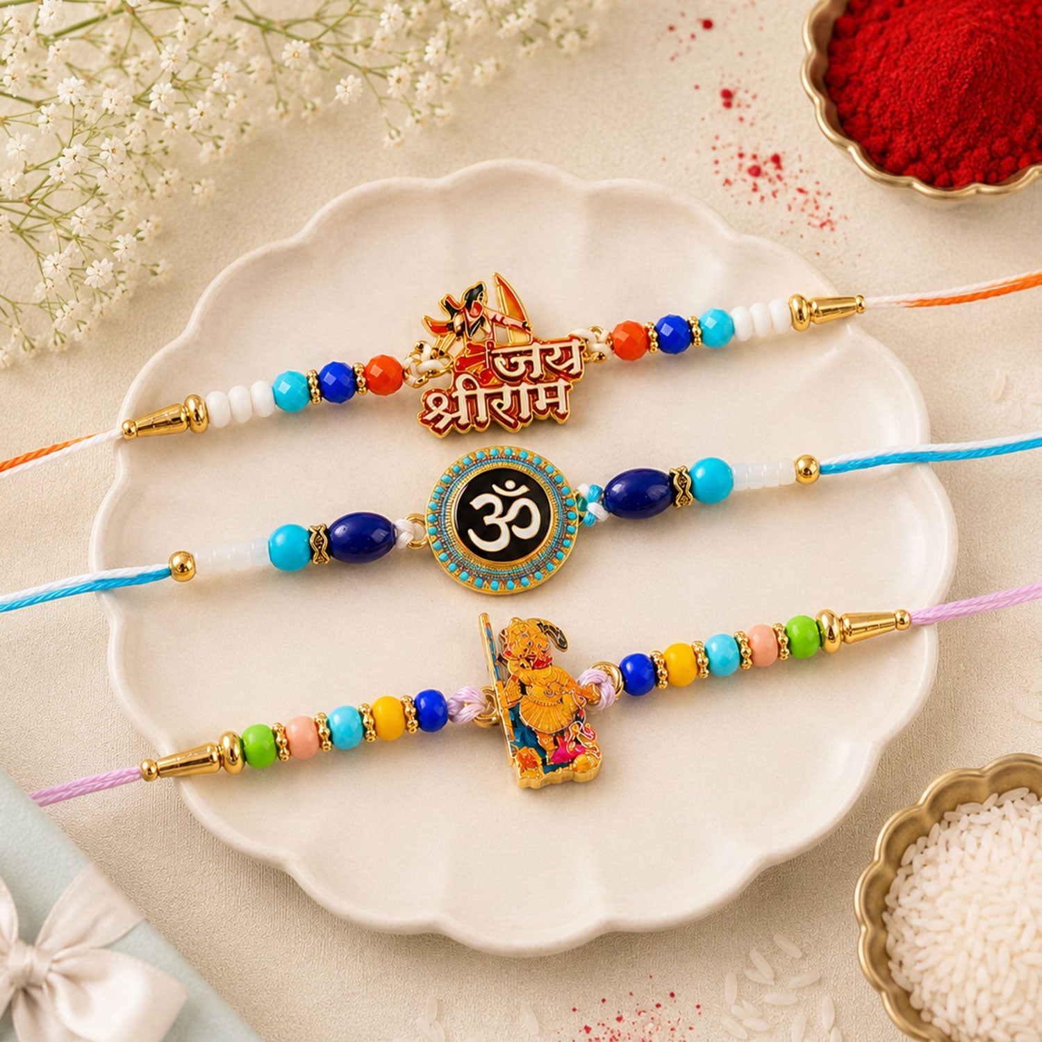 Devotional Motif Beaded Rakhi with Lovely Sacred Center Charm (3 Pc)