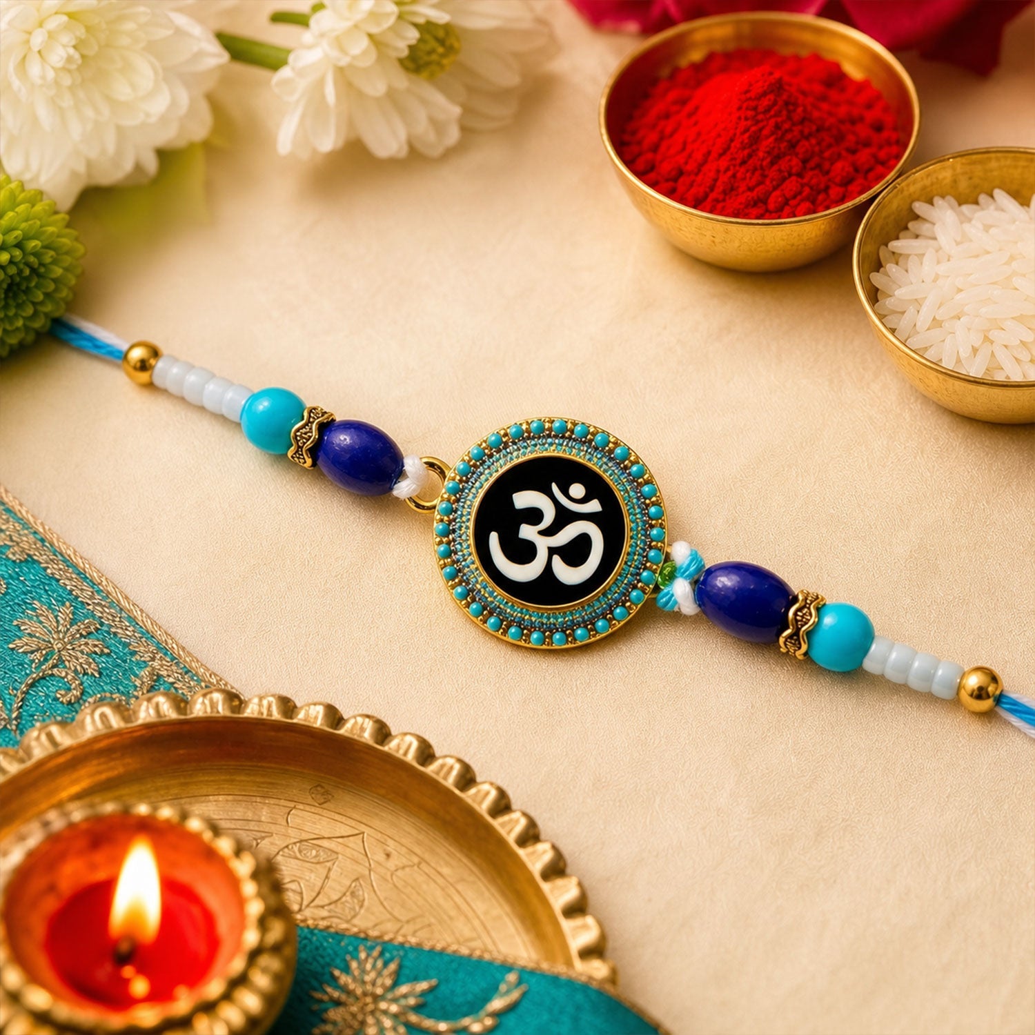 Devotional Motif Beaded Rakhi with Lovely Sacred Center Charm (3 Pc)