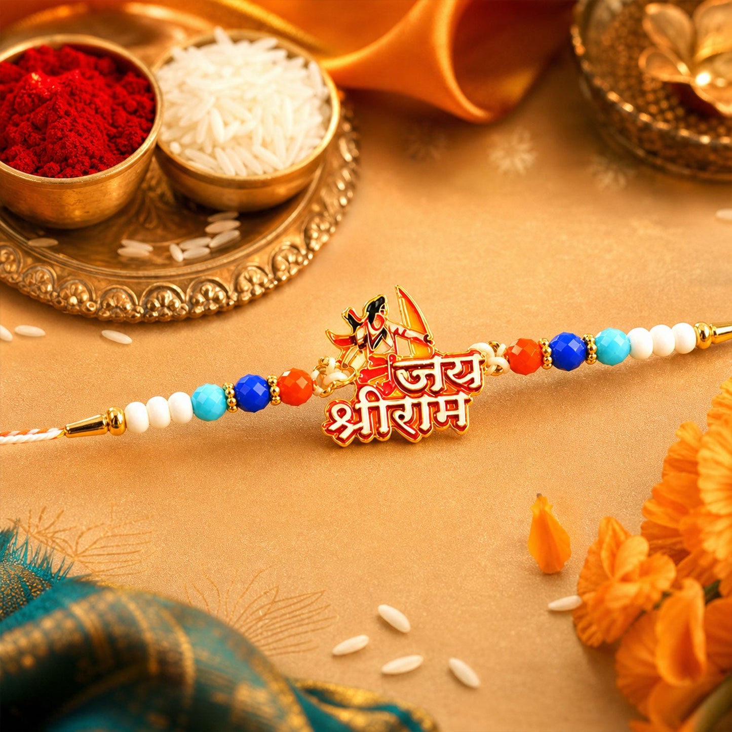 Devotional Motif Beaded Rakhi with Lovely Sacred Center Charm (3 Pc)