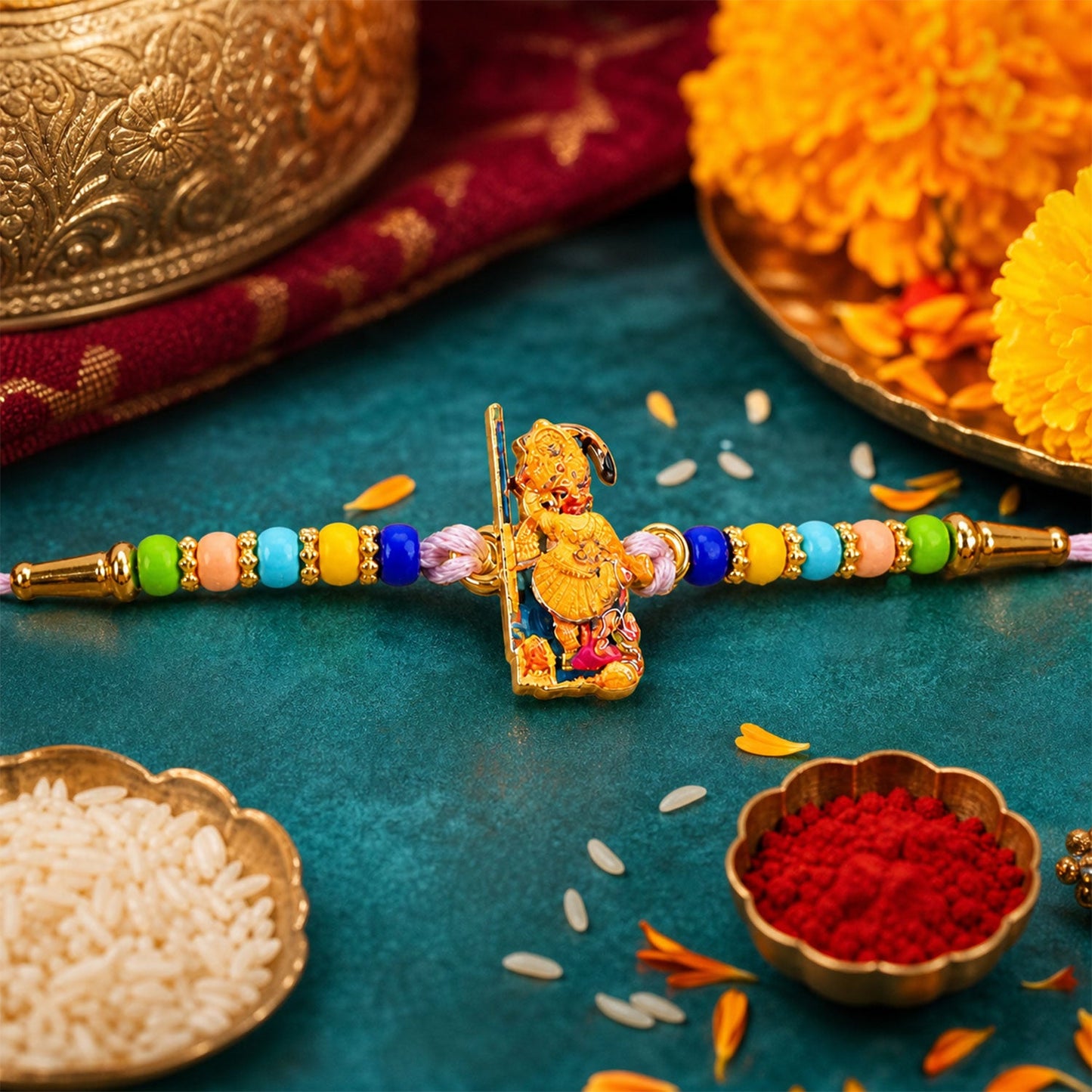 Devotional Motif Beaded Rakhi with Lovely Sacred Center Charm (3 Pc)