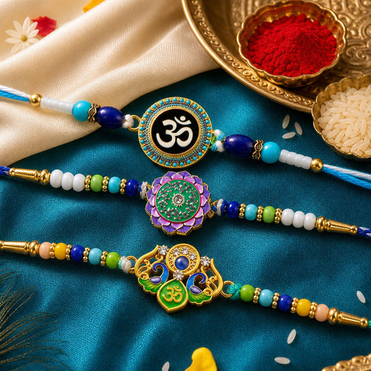 Peacock Om Beaded Rakhi with Traditional Kundan Work (3 Pc)
