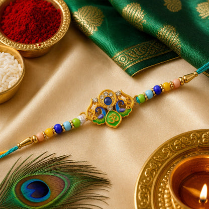 Peacock Om Beaded Rakhi with Traditional Kundan Work (3 Pc)