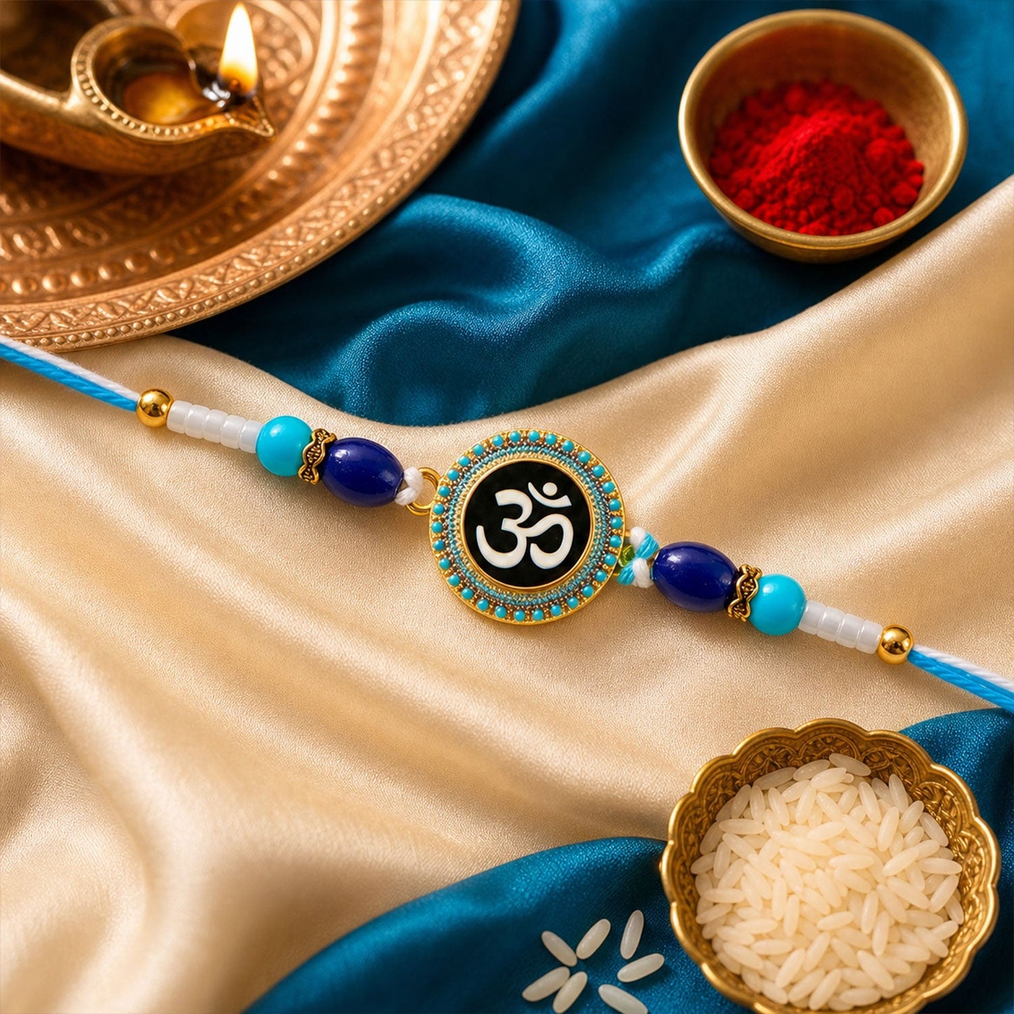Peacock Om Beaded Rakhi with Traditional Kundan Work (3 Pc)