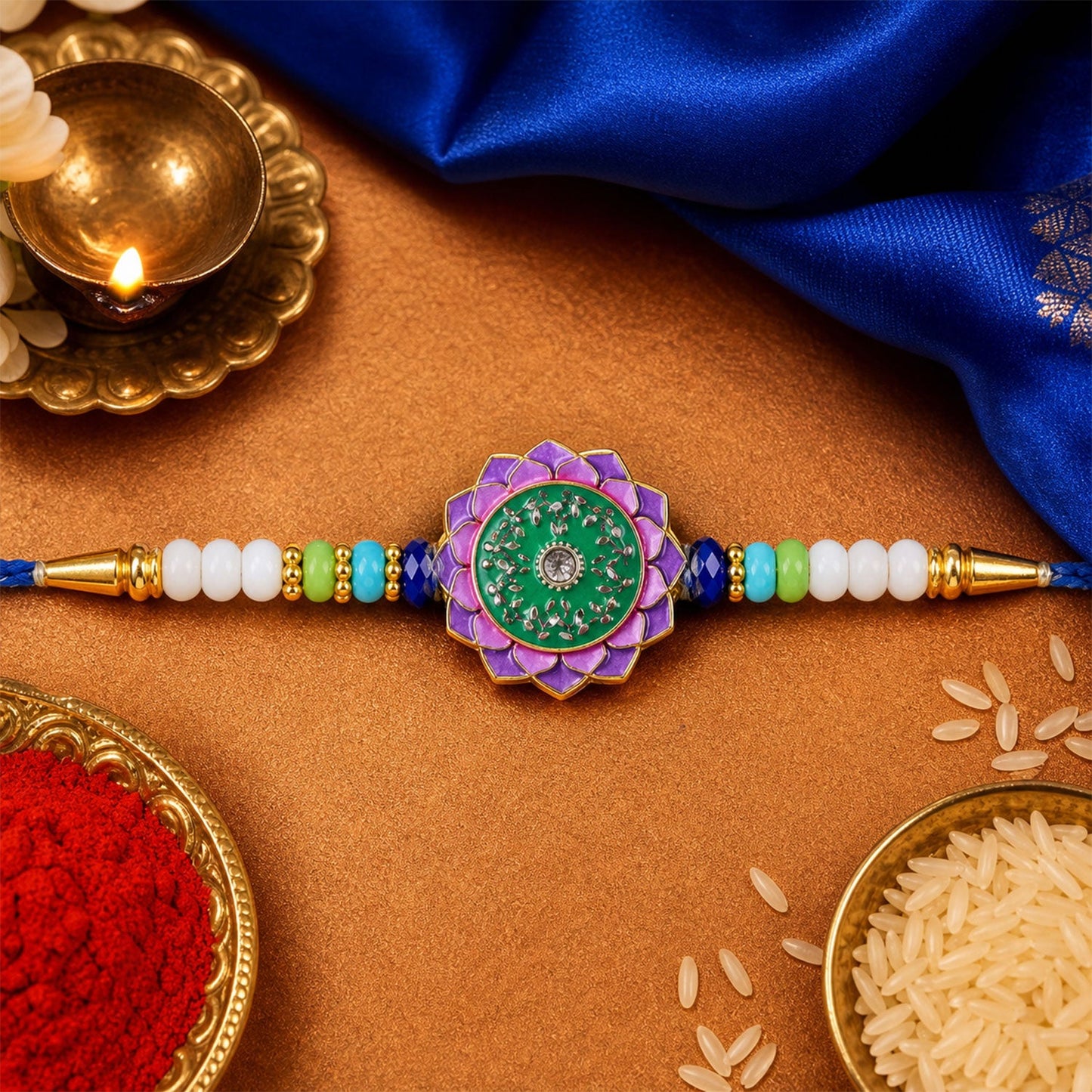 Peacock Om Beaded Rakhi with Traditional Kundan Work (3 Pc)
