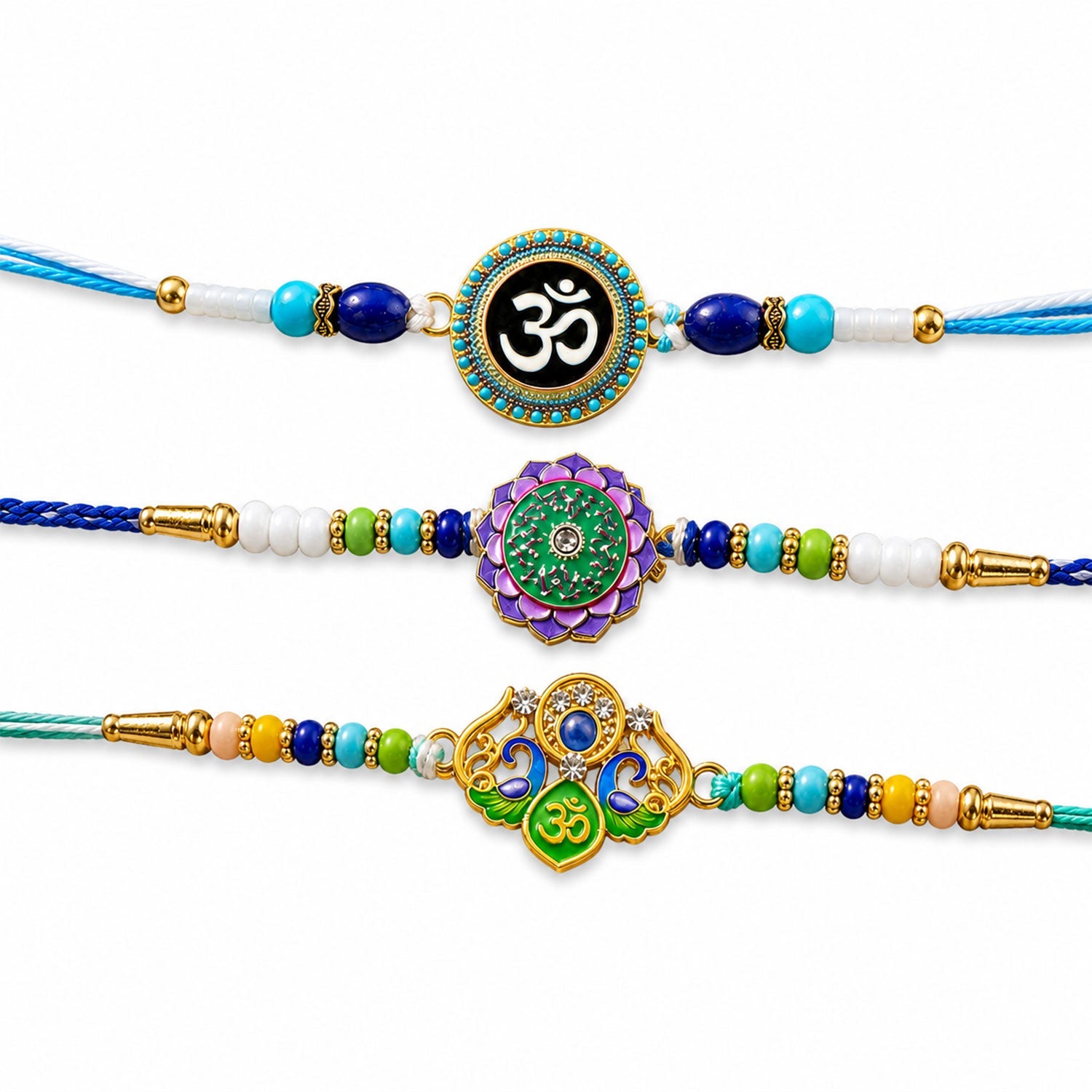 Peacock Om Beaded Rakhi with Traditional Kundan Work (3 Pc)