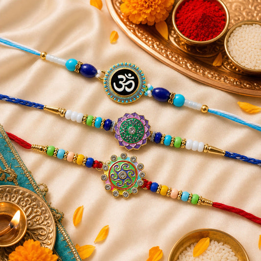 Floral Swirl Kundan Beaded Rakhi with Ornamental Work (3 Pc)