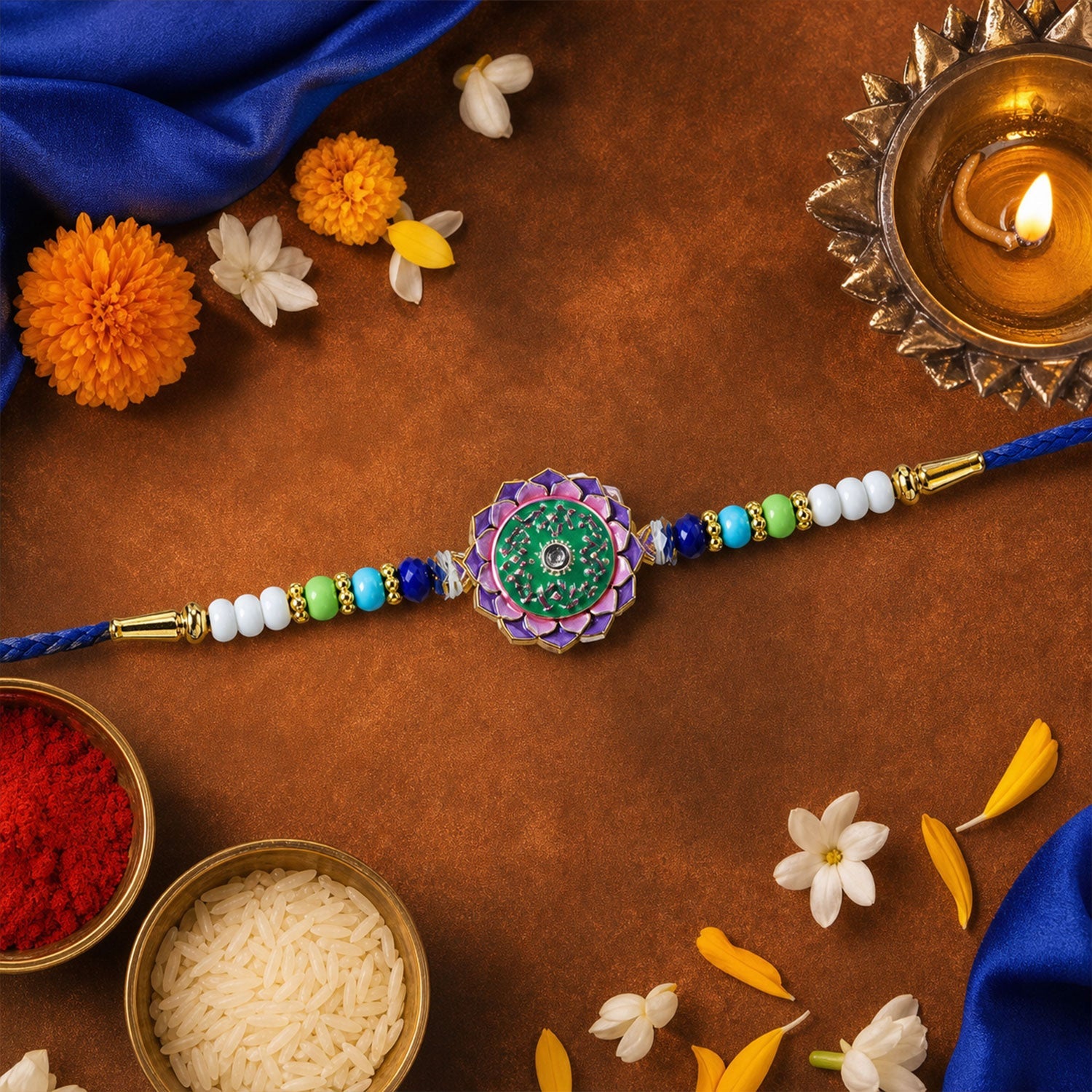 Floral Swirl Kundan Beaded Rakhi with Ornamental Work (3 Pc)