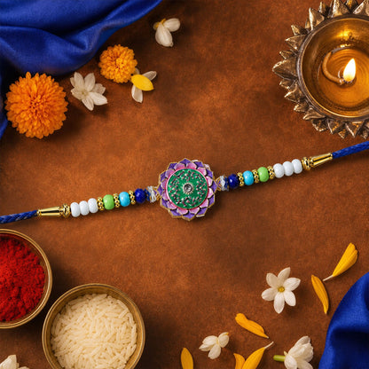 Floral Swirl Kundan Beaded Rakhi with Ornamental Work (3 Pc)