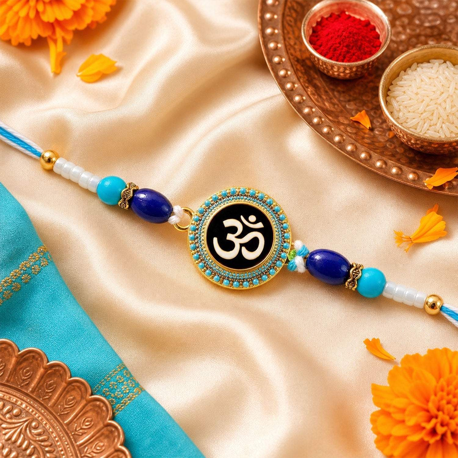 Floral Swirl Kundan Beaded Rakhi with Ornamental Work (3 Pc)