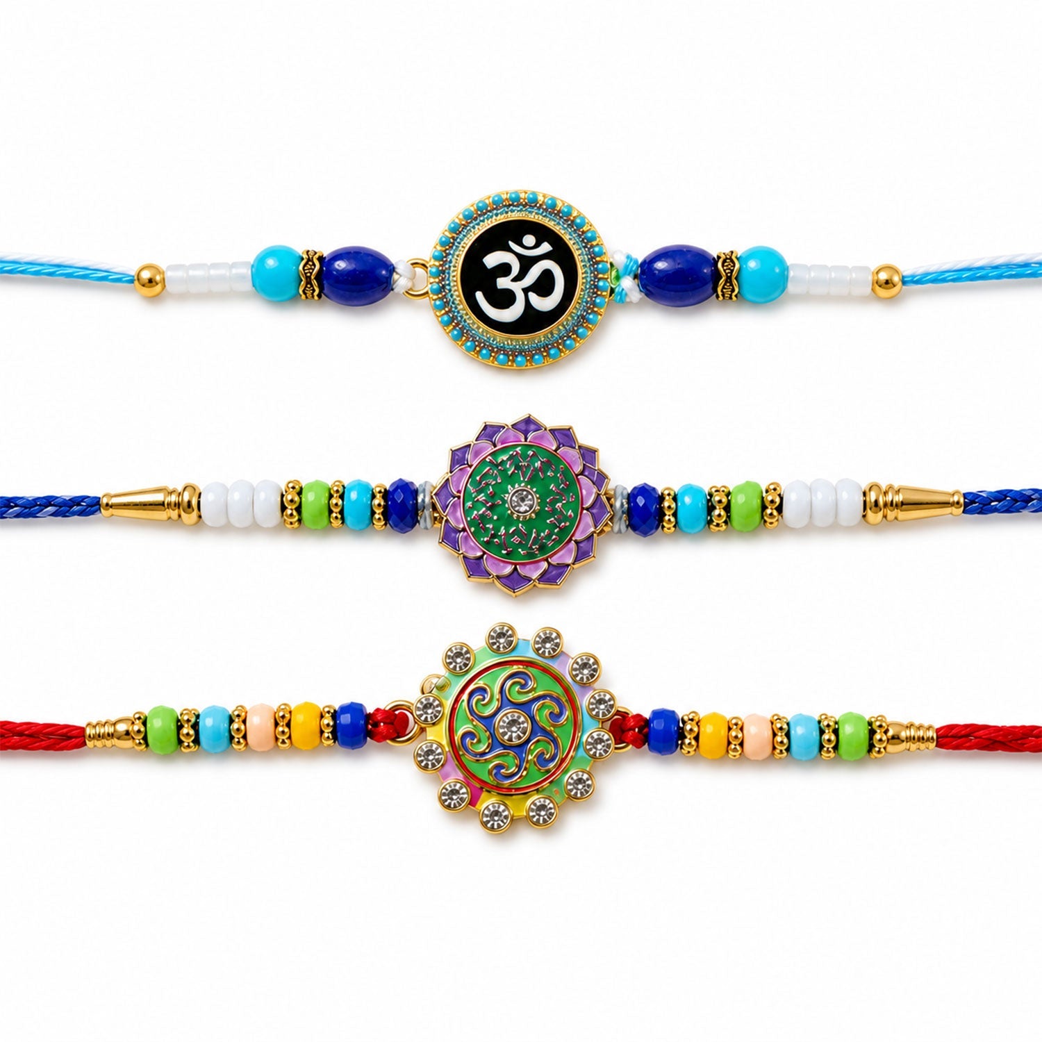 Floral Swirl Kundan Beaded Rakhi with Ornamental Work (3 Pc)
