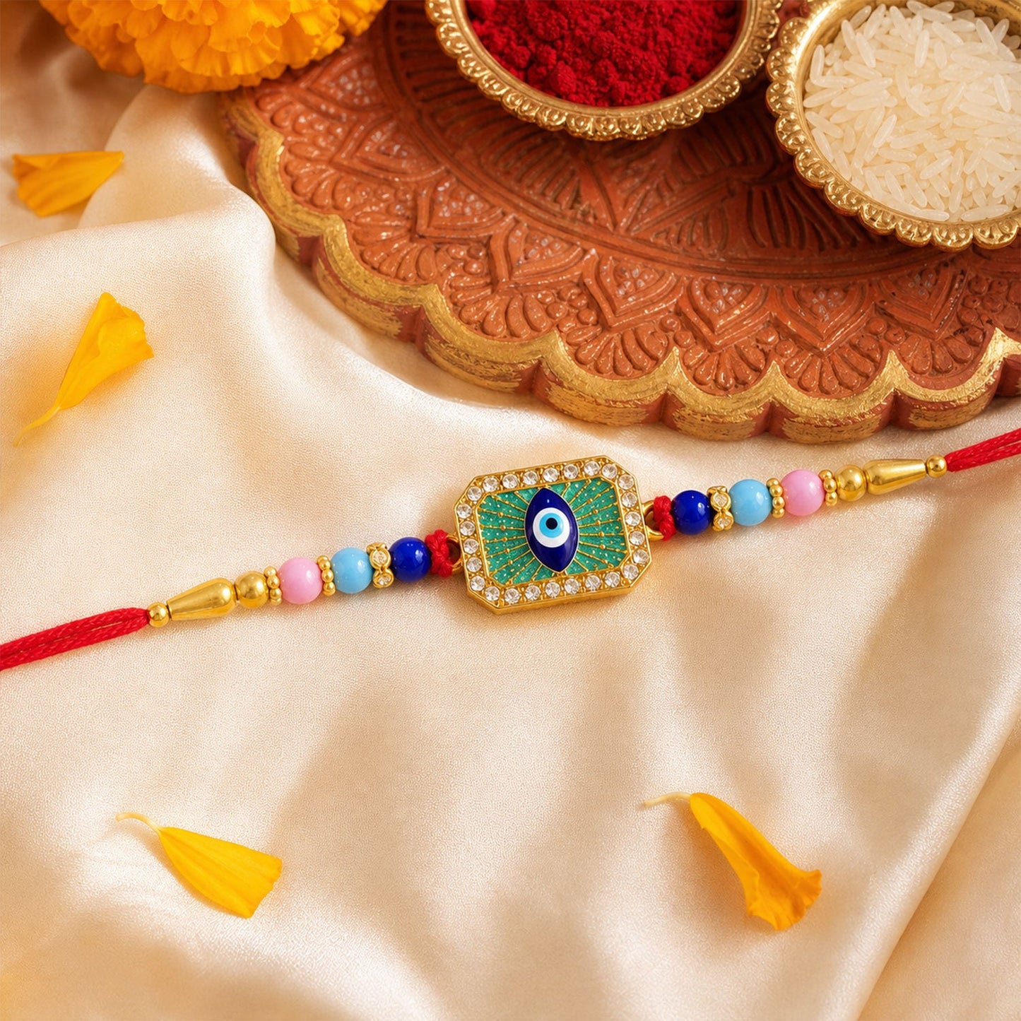 Evil Eye Beaded Rakhi with Protective Motif Design (3 Pc)