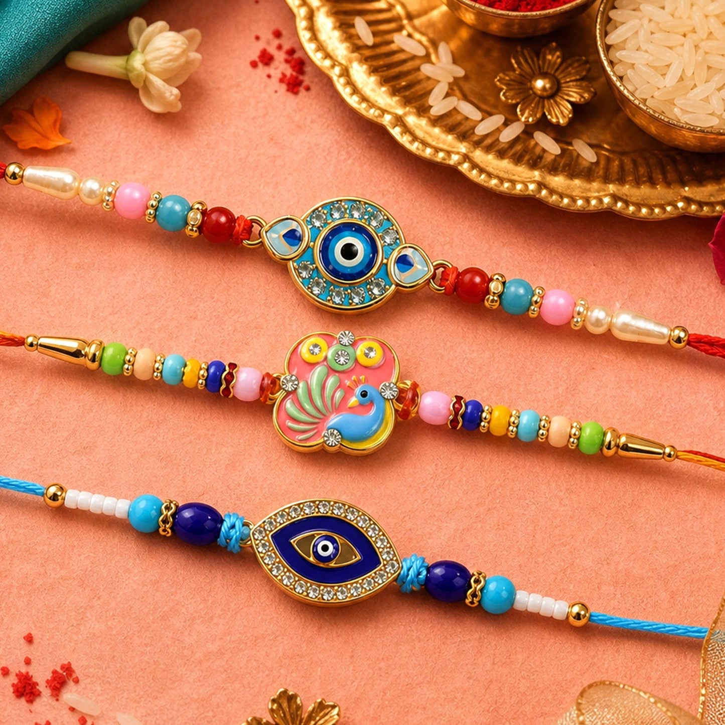 Oval Evil Eye Beaded Rakhi with Pearl Accent Work (3 Pc)