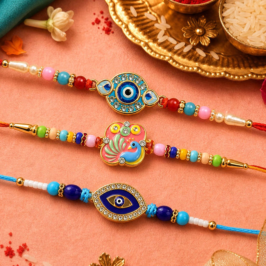 Oval Evil Eye Beaded Rakhi with Pearl Accent Work (3 Pc)