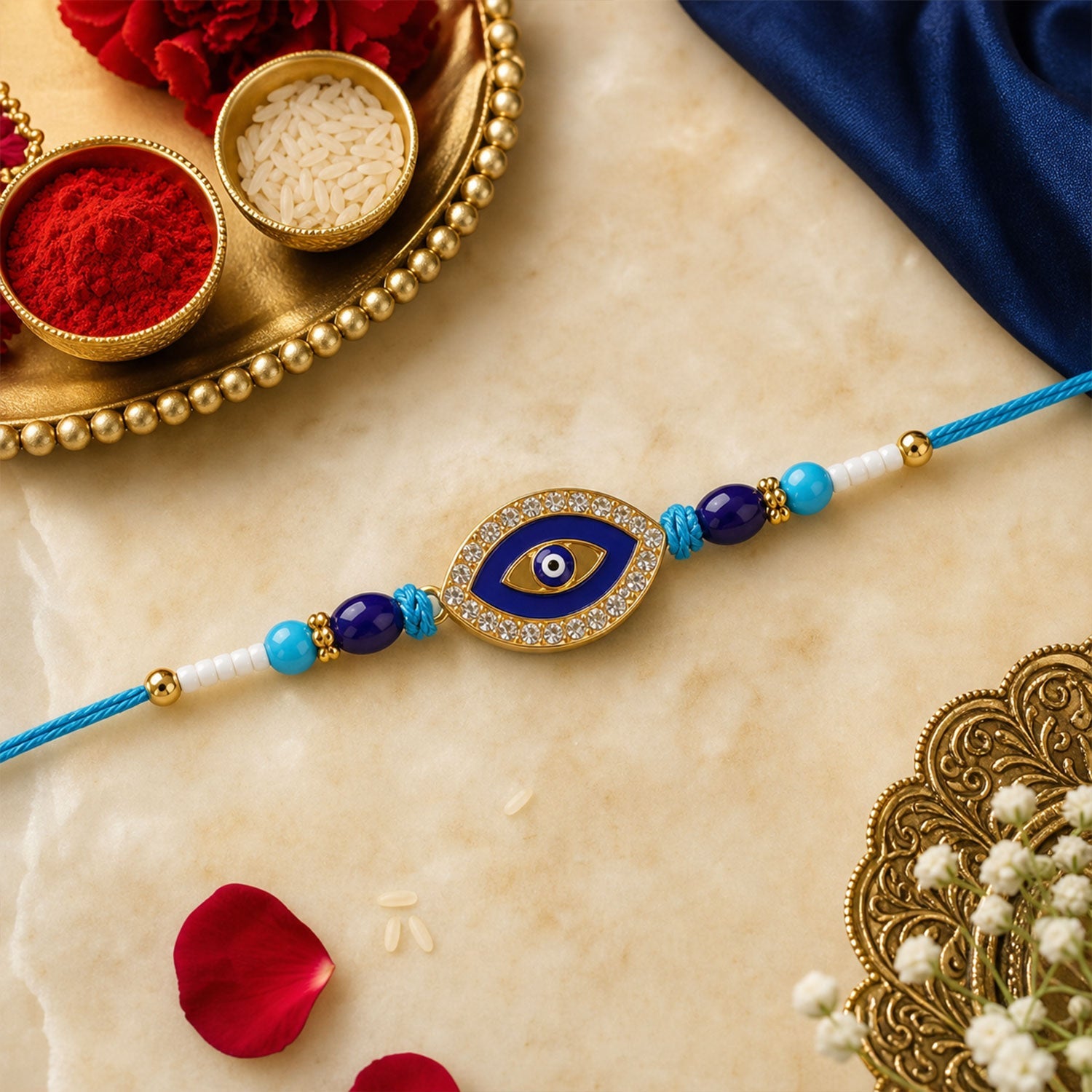 Oval Evil Eye Beaded Rakhi with Pearl Accent Work (3 Pc)