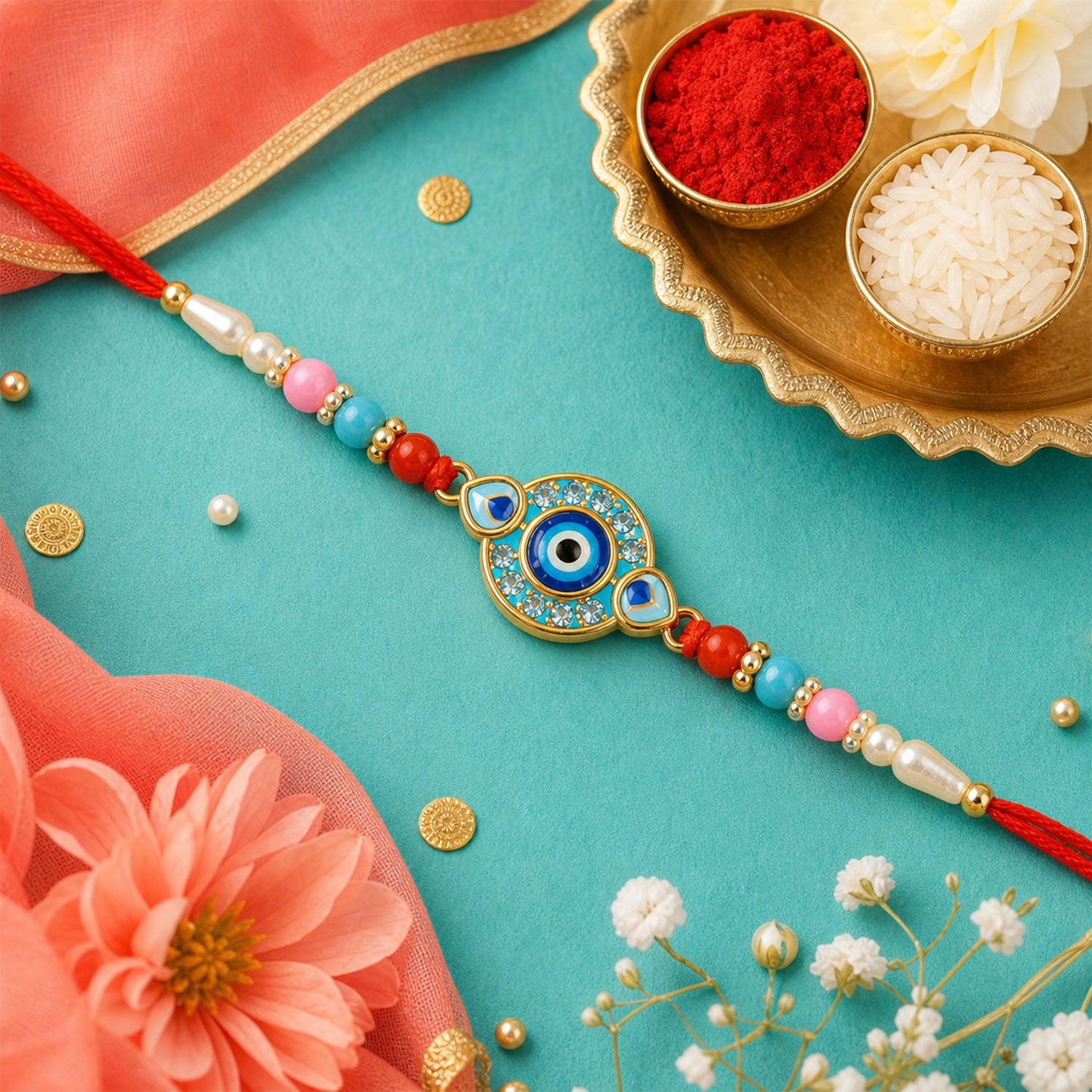 Oval Evil Eye Beaded Rakhi with Pearl Accent Work (3 Pc)