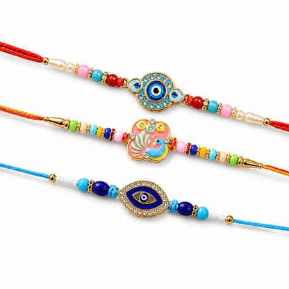 Oval Evil Eye Beaded Rakhi with Pearl Accent Work (3 Pc)