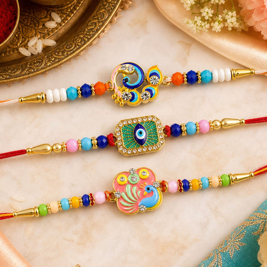 Peacock Motif Beaded Rakhi with Kundan Pattern Work (3 Pc)