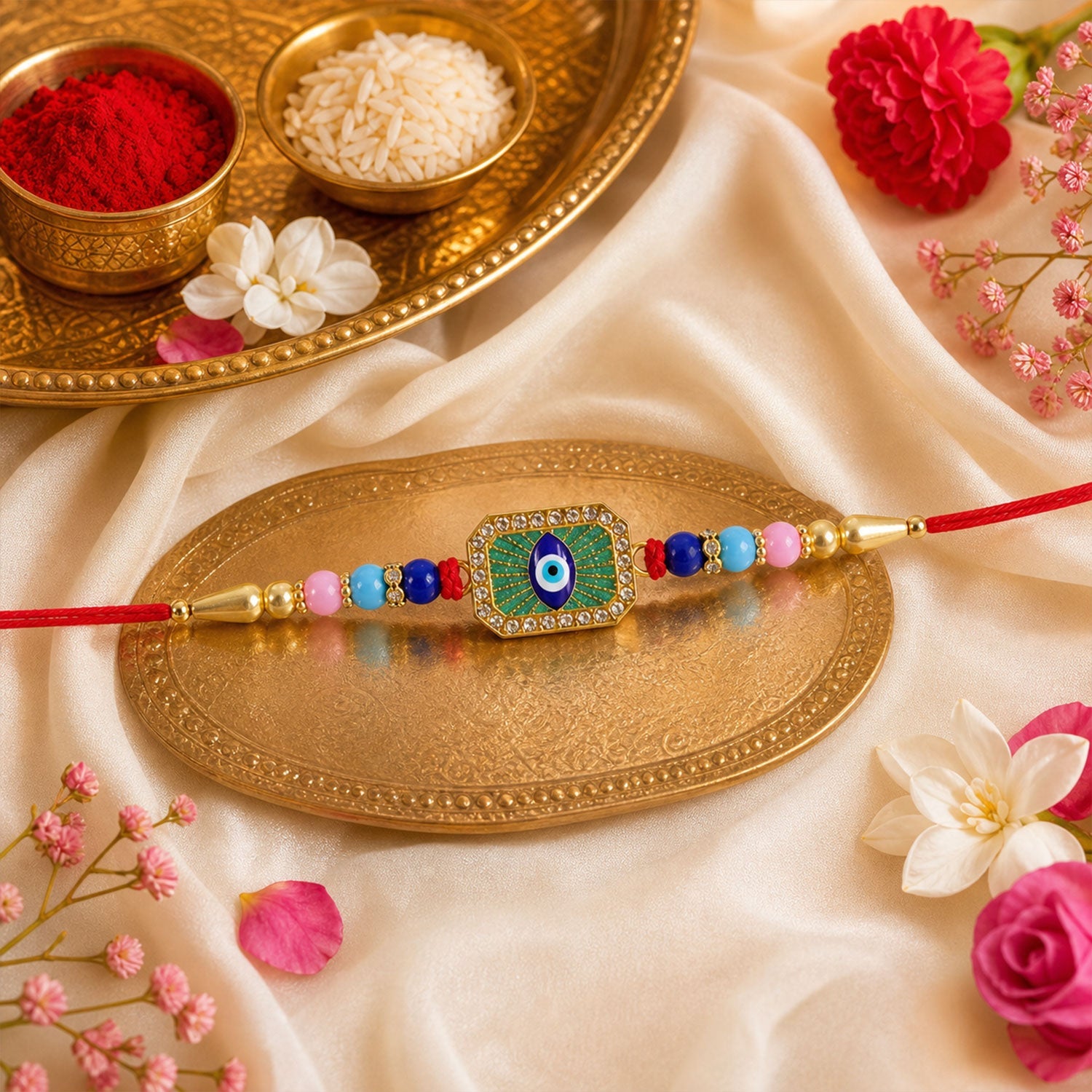 Peacock Motif Beaded Rakhi with Kundan Pattern Work (3 Pc)