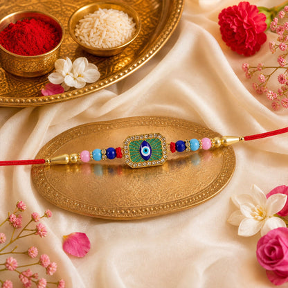 Peacock Motif Beaded Rakhi with Kundan Pattern Work (3 Pc)
