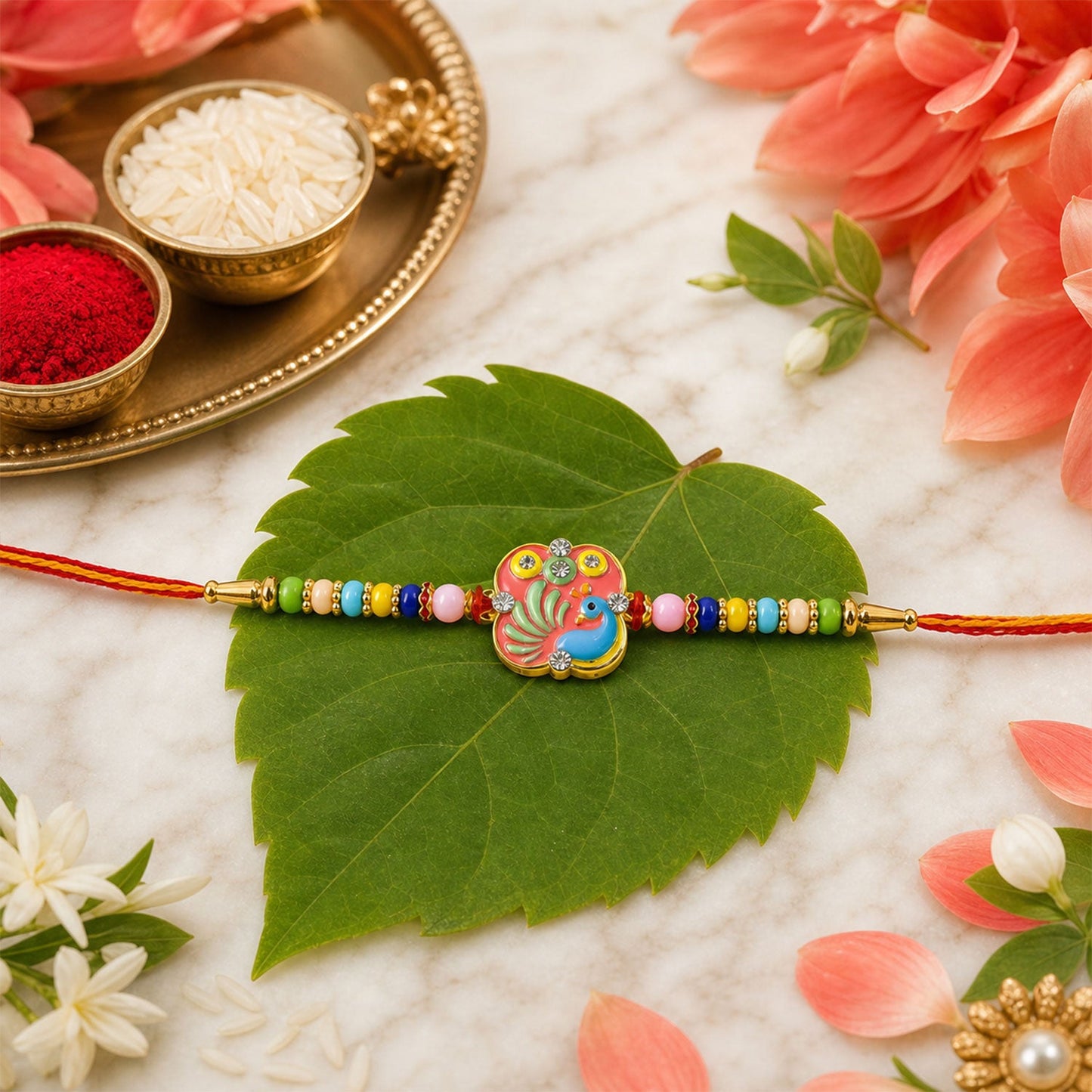 Peacock Motif Beaded Rakhi with Kundan Pattern Work (3 Pc)