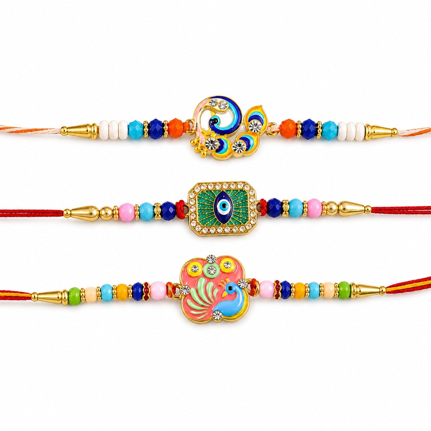 Peacock Motif Beaded Rakhi with Kundan Pattern Work (3 Pc)